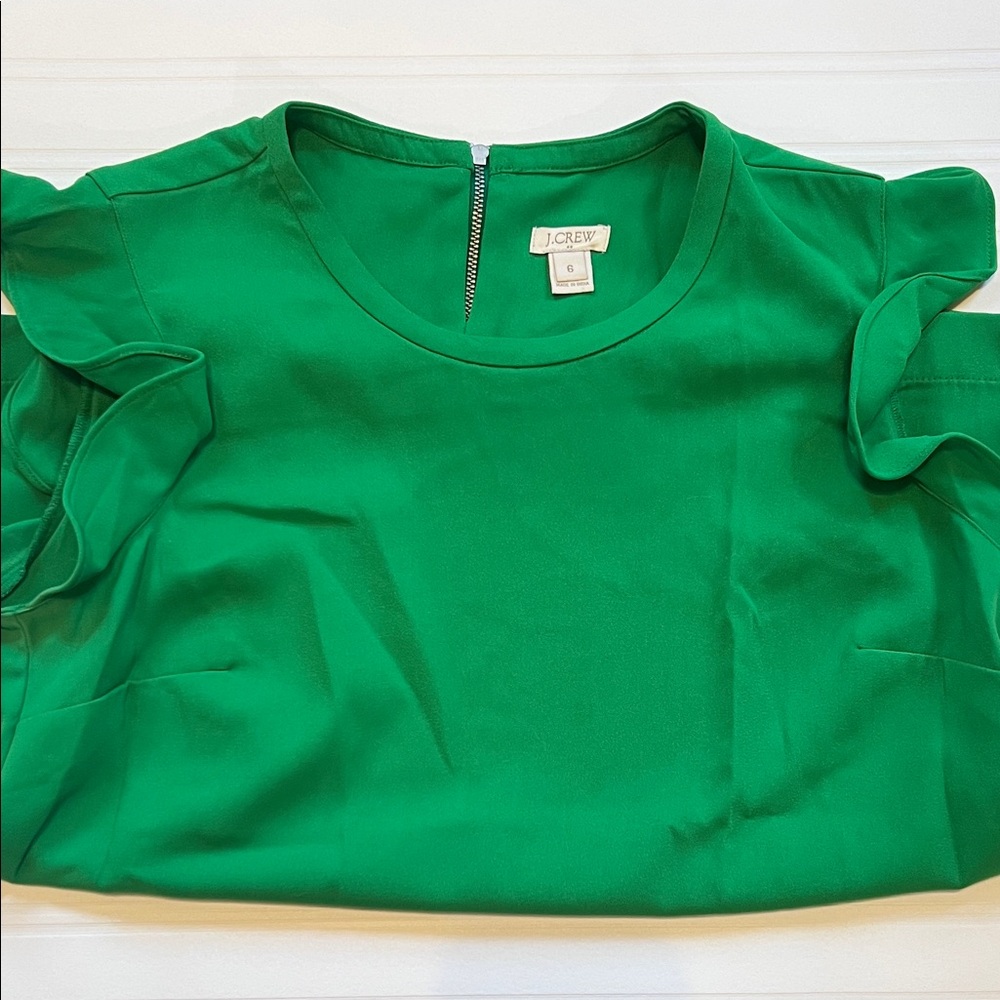 J. Crew Vibrant Green Blouse with Ruffle Sleeves